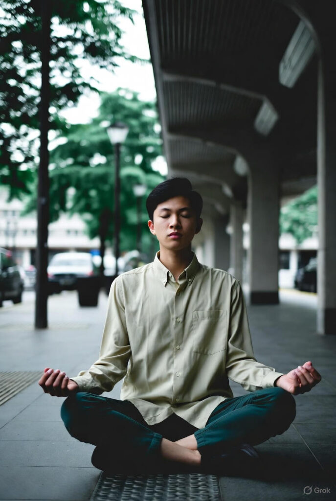 Manos entrelazadas en posición de meditación con un rayo de sol iluminando los dedos